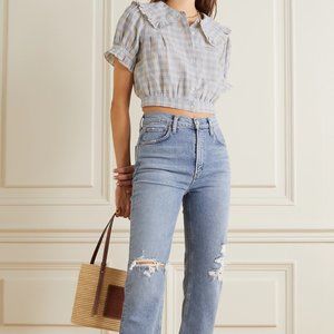 Doen Sparrow Cropped Ruffled Checked Ramie Blouse